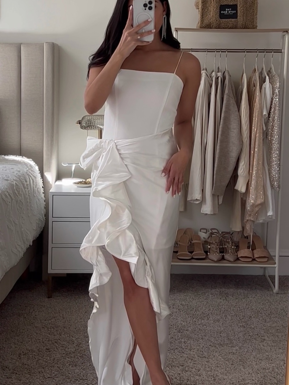 Elegant White Ruffle Satin Dress with Spaghetti Straps